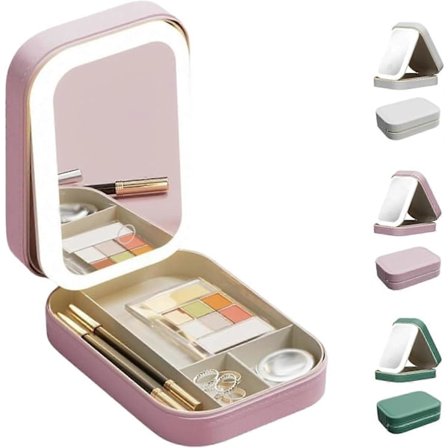 Integreret makeup-opbevaringsboks med lysfyldende spejl, bærbar kosmetiktaske, 3-farvet LED-lys makeup-opbevaringsboks
