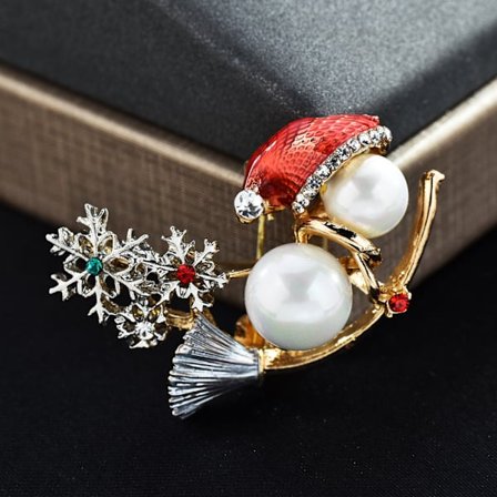 Snømann som rir på en kost brosje perle rhinestone snøfnugg julemodell brosje smykker vintage