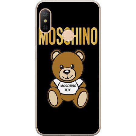 Kompatibelt Mobilskal till Xiaomi Xiaomi Redmi 6 Pro Moschino-inspirerad nallebjörn med text på tröjan, centrerad mot svart bakgrund med tydlig mod