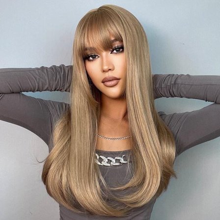 TG Lang Krøllet Bølget Varmebestandig Blond Parykk med Lugg