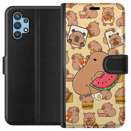 Kompatibelt Plånboksfodral till Samsung Samsung Galaxy A32 5G Söt capybaror njuter av vattenmelon pizza och popcorn i en varm och lekfull design som