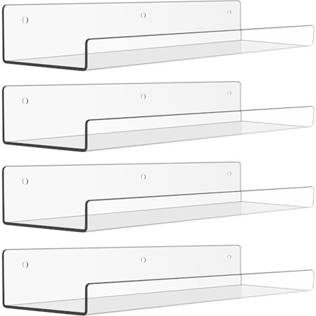 Klar Akryl Opbevaringsreol, 15 Tommer Flydende Hylder Væghængt Børnebogreol/Visningsvægghylde til Soveværelse, Stue, Badeværelse, Køkken, Sæt o