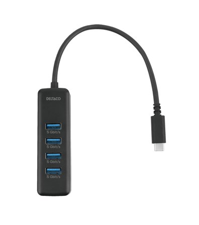 Deltaco USB-C hub, 5 Gbps, 4x USB-A, slim, black