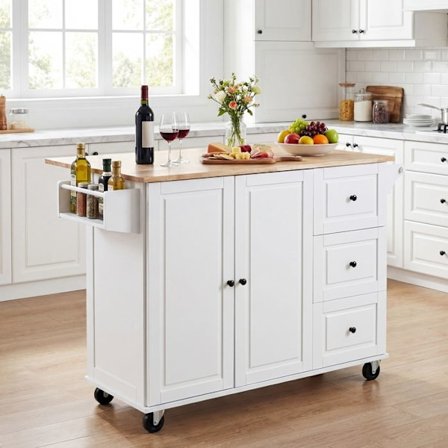 Køkkenvogn på hjul med 3 skuffer COSTWAY, justerbare hylder, foldbart arbejdsbord i gummitræ, krydderiholder