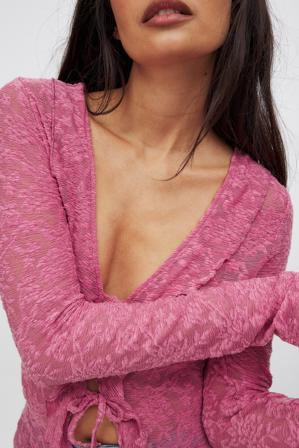 NA-KD Floral Long Sleeve Tie Top - Blouses - Rose - XL (EU 46)