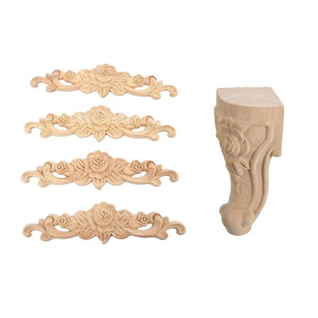 4 kpl 20 x 5 cm kumipuun kaiverrettua pitkää koristelistaa maalaamattomana kukka & 4 kpl 10x6 cm puun kaiverrettua turkista