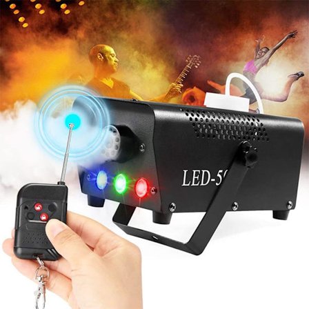 Røykmaskin, 500W tåkeflismaskin med 7 fargekontrollerbare lyseffekter, automatisk røykmaskin utendørs med trådløs og kablet fjernkontroll