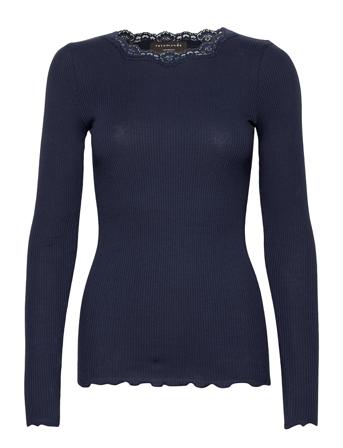 Organic T-Shirt W/ Lace T-shirts & Tops Long-sleeved Tummansiniset Rosemunde