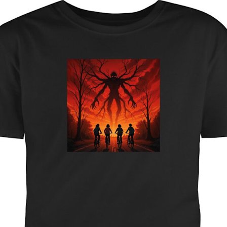 Børne T-shirt Mørk Stranger Things-inspireret gyserillustration med rød himmel, monsterfigur og cyklende børn i dramatisk fantasy-stil