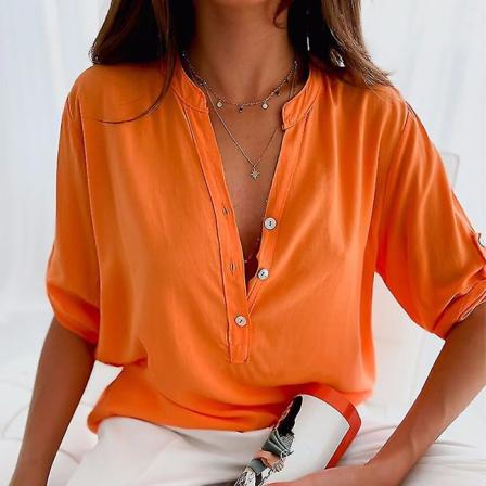 Dame V-hals Skjorte Tunika Topper Casual Basic Bluse Stående Krage Halv Erme Skjorter Orange 2XL