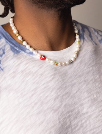 Nialaya Men's Smiley Face Pearl Choker With Assorted Beads - White - ONE SIZE 51 cm