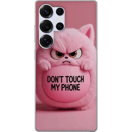 Kompatibel Mobilcover til Samsung Galaxy S25 Ultra Vred pink fluffy kat med teksten "Rør ikke min telefon", et humoristisk beskyttelsesmotiv som passe