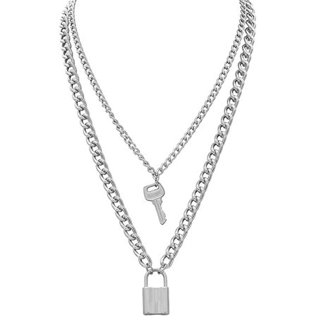 Sølvfarget lagdelt halskjede, estetisk punk-smykke med hengelås og nøkkel, tykk chai