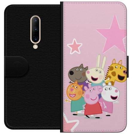 Kompatibelt Lommeboketui til OnePlus 7 Pro Peppa Gris og venner samlet med stjerner på rosa bakgrunn, fargerik barneillustrasjon