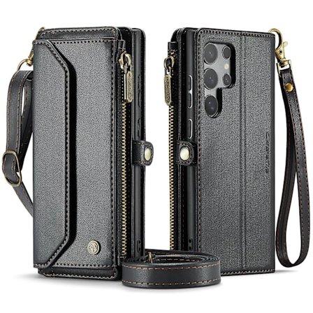 Crossbody-plånboksfodral för Samsung Galaxy Z Fold 6 med RFID-blockering, magnetiskt flippfodral med dragkedja och kortfack i läder med handrem