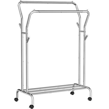 Songmics Tøjstativ, tøjstativ, dobbelt tøj hængende skinne, tung metalramme, sølv