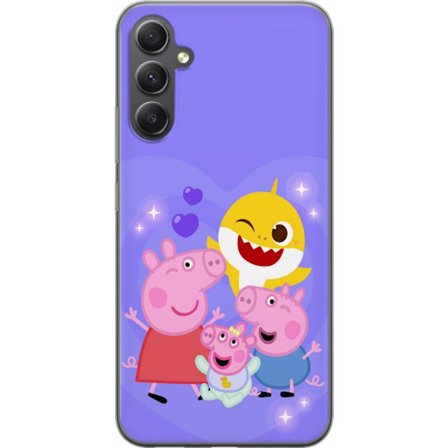 Kompatibel Mobilcover til Samsung Galaxy A35 Peppa Gris mønster med hjerter, sommerfugle og venner, lyserød baggrund i bløde børneillustrationer