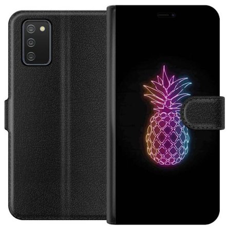Kompatibelt Plånboksfodral till Samsung Samsung Galaxy A02s Neonillustration av ananas i färgglatt ljus mot svart bakgrund
