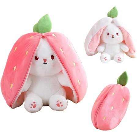 Xishao Bunny Plush Søt Strawberry Bunny kosedyr, kaninplysj med slynget øre med jordbærdrakt, 10"