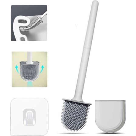 Toiletbørste i silikone med selvklæbende holder, vægmonteret toiletbørste, sikker til væg med luftventiler og toiletbørste til badeværelse, toilet (