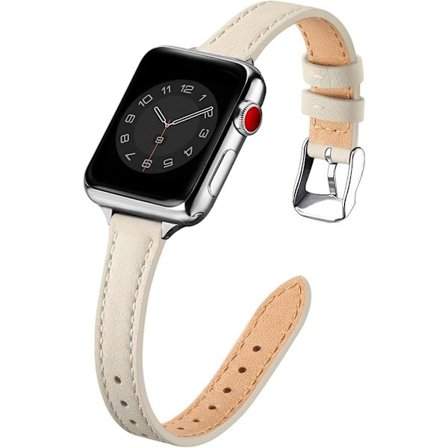 Lærarmbånd Kompatibelt med Apple Watch 42mm 44mm 45mm 49mm, Smalt Tynt Lær Erstatningsarmbånd, for Kvinner Menn Beige&Sølv