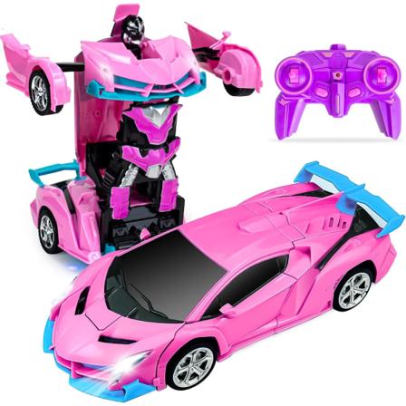 Fjernbetjent bil, transformerende bilrobot Rc biler til børn drenge piger gave, 2.4G 1:18 skala racerbil med en-knap Pink