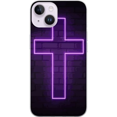 Kompatibel Mobilcover til Apple Apple iPhone 14 Neonkors i lilla lys mod mørk murvæg, symbolsk motiv med stærk glød moderne æstetik og dramatisk