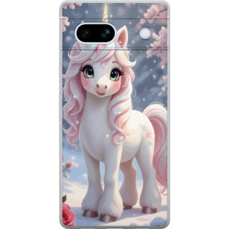 Yhteensopiva Puhelinkuori Google Pixel 7a Pastellfärgad enhörning med regnbågsmane och stora ögon i sagolik vintermiljö