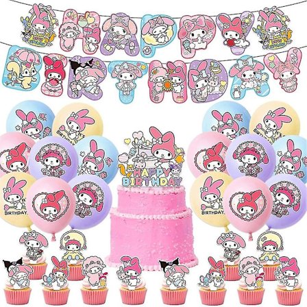 My Melody Tecknade Barn Flickor Födelsedagsfest Dekorationsmaterial Kit Inkluderar Grattis på Födelsedagen Banderoller Ballonger Tårta/Muffins Toppers