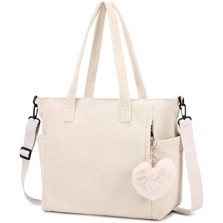 Ny damehåndveske, Cordfløyel shopper bag for kvinner, stor skoleveske for kontor, skole og shopping hvit