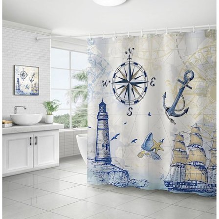 Nautisk Dusjforheng Fyr Seilbåt Kompass Anker 180 x 180 cm Baderomsforheng Polyesterstoff Anti-Mugg Vanntett Vaskbart Baderomsgardin