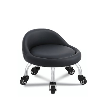 Lav krakk med hjul, metallbase i skinn, 360° rund skinnbenk med 5 hjul for hjemmekontor eller trening (svart)