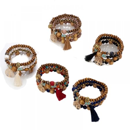 5 set bohemiska träpärlar armband set för kvinnor flerskikts stretch tofsarmband set elefant charm kärlek statement armband