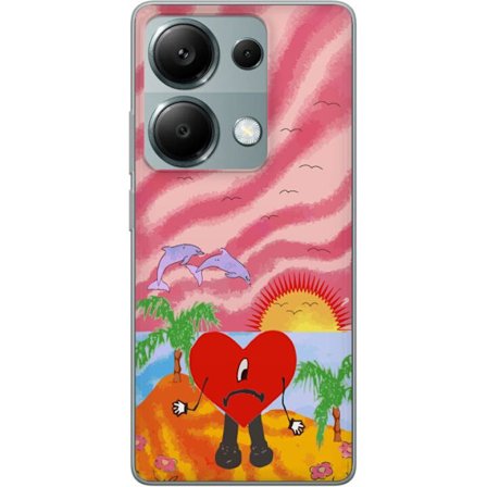 Yhteensopiva Puhelinkuori Xiaomi Redmi Note 13 Pro 4G Bad Bunny värikkäässä tikatussa takissa sydänkuvioilla ja aurinkolaseilla modernissa katutyyliss