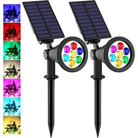 LED Solcellelamper, 7 LED Farveskiftende Have, Sikkerhedsbelysning, Stibelysning, til Terrasse, Græsplæne, Træer, Gård, Have (2-pak)