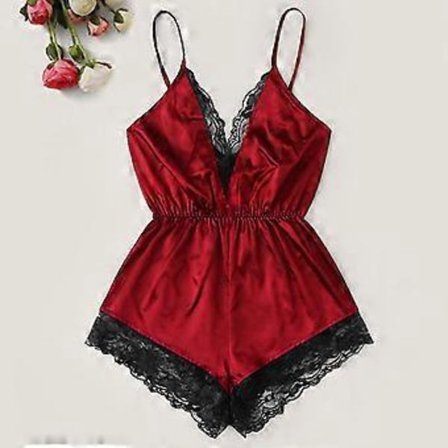 Kvinnlig sexig pyjamas med V-ringning, ärmlös body med falsk satinspets, sömnad, romper, nattkläder, breda ben, rygglös nattkläder (L svart)