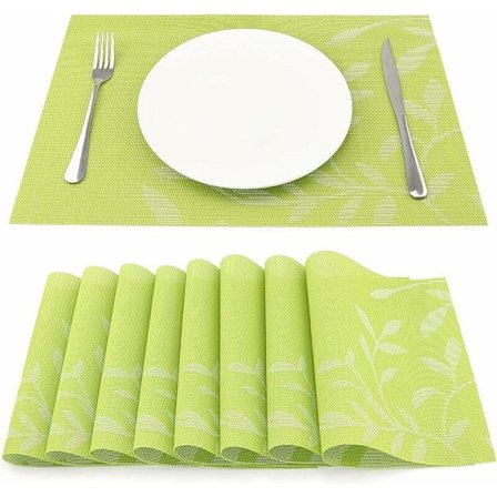 Dækkeservietter Sæt af 8 Vaskbare Varmeisolering Skridsikre Vævede Vinyl Dækkeservietter til Køkken og Spisestue £ ̈Grønt Blad£
