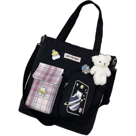 Skola Väska Estetisk Söt Ita Väskor Axelremsväska Preppy Tote Väska Kawaii Ryggsäck Plånbok Koreansk Pappersvaror (svart, En Storlek)