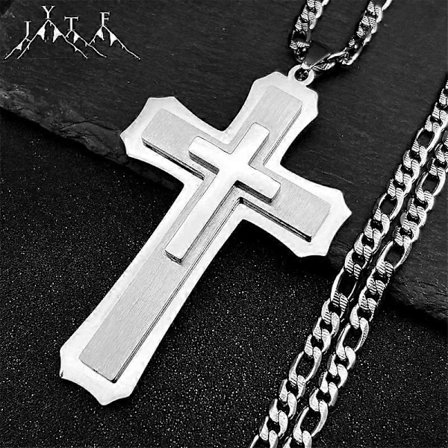 Stort Jesus Kristus Kors Hängsmycke Halsband för Män Kvinnor Rostfritt Stål Silverfärg Länk Figaro NK Kedja Manlig Collier Smycken