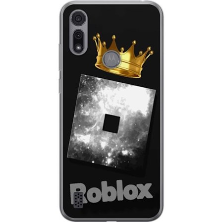 Kompatibelt Mobildeksel til Motorola Motorola Moto E6i Minimalistisk svart og sølvfarget Roblox-symbol med gylden krone og luksuriøs gamer-estetikk