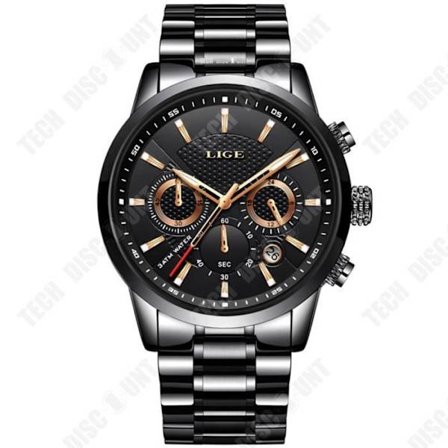 TD LIGE Herretid Sport Vandtæt Analog Ur med Quartz og Rustfrit Stål Herreur Armrand - Sort