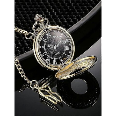 Vintage Lyx Silver Guld Svart Graverad Kvarts Fickur För Män Gyllene Fodral Fob Kedja Klocka För Gåvor Gamla Halsband Klockor