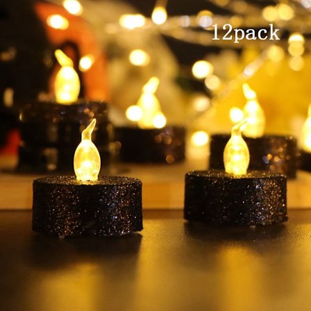 Glitter Svarte Telys Batteridrevet, LED Telys Flammende, Sølv Glitter Telys for Julegave, Bryllup, Festival Jul