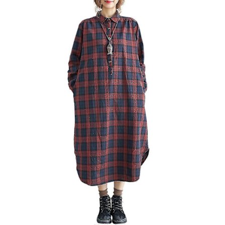 Rutete kjole for kvinner med lommer, knapper, lange ermer, løs kjole/YY
