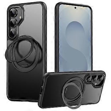 Til Samsung Galaxy S25 Magnetisk Cover Roterende Gear Pivot Støtteben PC + TPU Telefon Bagside Cover (Mat Sort)