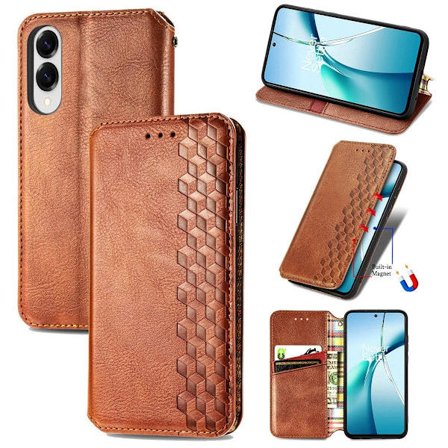 Samsung Galaxy S25 Edge Asia Rhombus Jälki Vegaaninahka Lompakko Phone Cover - Ruskea