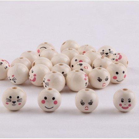 120 stk. træperler med ansigt, 4 stilarter smilende trækugler, 20 mm træperler, ansigtsperler med huller til DIY-håndværkssmykkerarmbånd