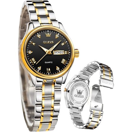 Dameur Guld diamant klassisk elegant armbåndsur rustfrit stål vandtæt dag dato