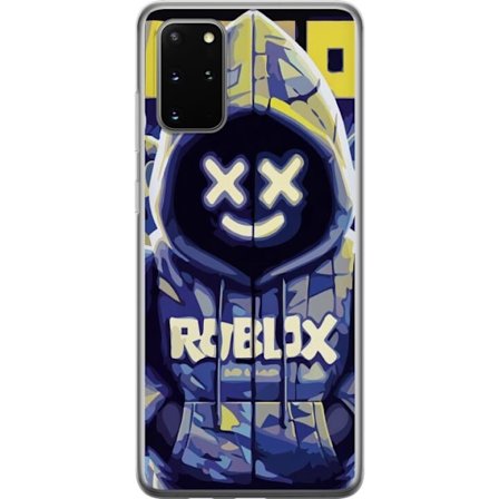 Kompatibelt Mobildeksel til Samsung Samsung Galaxy S20+ Blågul Roblox hettegenserfigur med minimalistisk neonstil og masket ansikt, moderne spillillu