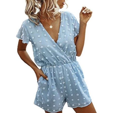 Dame Jumpsuit - Sommer Dyp V-hals Wrap Blomsterprikk Korte Ermer Strand Shorts,XL